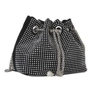Elegant black rhinestone bucket bag with silver chain strap and pearl drawstring tassels