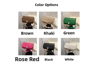 Detail showcasing six colors of leather shoulder bags with gold C-shaped metal buckles