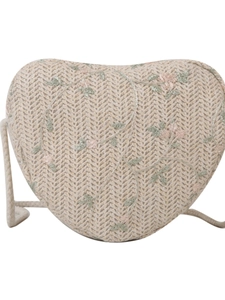 Woven heart-shaped crossbody bag with floral embroidery and cotton rope strap