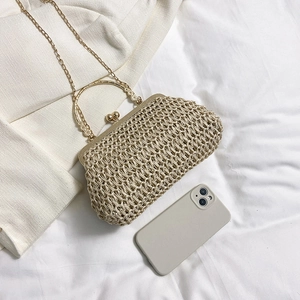 Handmade woven straw shoulder bag with vintage gold metal frame and chain strap