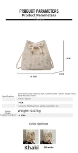Detailed size specifications for the woven bucket bag with floral lace embroidery detail