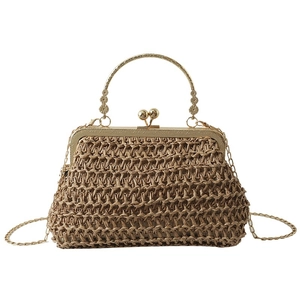 Handwoven straw shoulder bag with contrast colors and golden metal ring handles