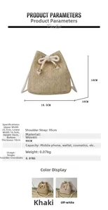 Detail view of straw bucket bag with drawstring closure and precise size dimensions