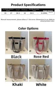 Tabella taglie borsa tote in paglia con specifiche dei manici e quattro colori disponibili