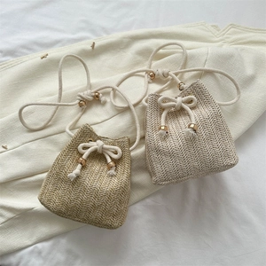 Straw Woven Mini Crossbody Bucket Bag With Drawstring Cotton Rope Shoulder Strap For Summer Beach Vacation Casual Niche