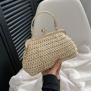Handwoven straw shell bag with vintage gold metal frame and chain handle in beige
