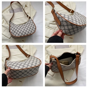 Detail shots of a vintage crescent shoulder bag featuring clover print and leather trim