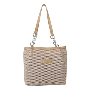Grande borsa tote in paglia intrecciata beige con manici in pelle marrone e catena argento