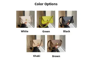 Detailed view of women's baguette bags in white, green, black, khaki, and brown colors