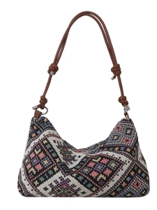 Ethnic knit shoulder bag in Klein blue with colorful geometric patterns and brown straps