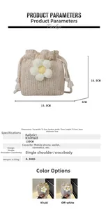 Detailed size chart and specifications for the straw woven bucket bag with floral detail