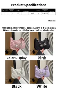 Size chart and dimensions for the minimalist crossbody bag with butterfly chain detail