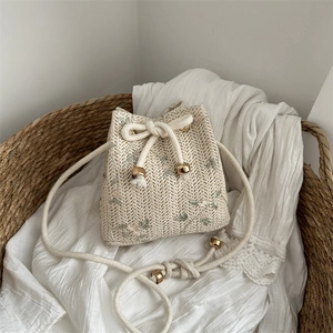 Woven Bucket Bag Floral Embroidery Drawstring Crossbody Purse Straw Style Pastoral Vacation Casual Shoulder Bag For Women