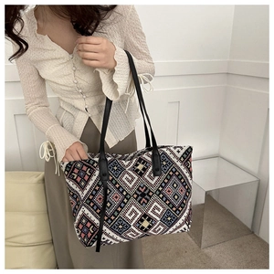 Close-up of geometric woven pattern on tote bag with colorful jacquard fabric detail