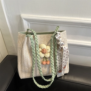 Women Woven Straw Tote Bag Casual Vacation Summer Beach Handbag With Floral Charm And Scarf Decor Large Capacity Shoulder Bag