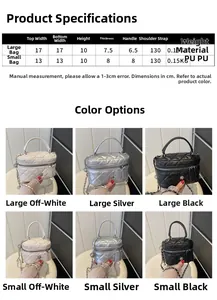 Size chart for quilted mini bucket bags showing dimensions of small and large PU leather models