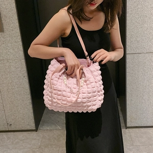 Pink bubble clouds tote bag with pearl chain strap and soft pleated fabric texture