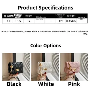Größentabelle für gesteppte Mini-Kettentasche mit Materialangaben und Maßen im Detail