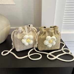 Women Straw Woven Bucket Bag Mini Crossbody Purse With Crochet Flower Drawstring Closure Summer Beach Pastoral Style