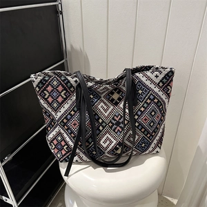 Ethnic Geometric Woven Tote Bag Large Capacity Canvas Women Shoulder Handbag Casual Bohemian Style Fashion