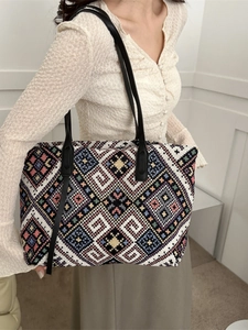 Ethnic geometric pattern canvas tote bag for women with comfortable black shoulder straps