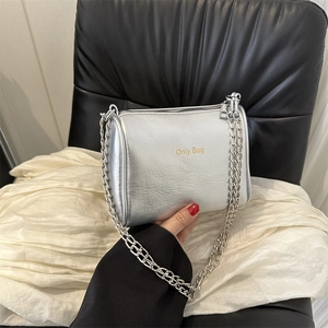 Silver metallic chain shoulder bag with Only Bug print and cylinder shape design