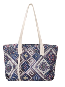 Ethnic style navy and red geometric canvas tote bag with cream leather handles