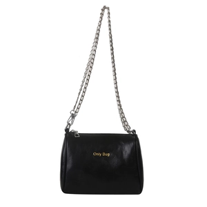 Chic black soft PU leather shoulder bag with silver chain strap and gold logo detail