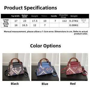Size chart showing dimensions for ethnic style handbags in large and small versions