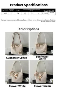Tableau des tailles pour sacs en paille tressée avec dimensions et variantes couleurs