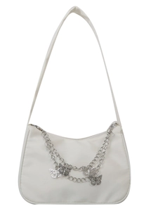 Minimalist white half-moon shoulder bag with silver butterfly chain decoration