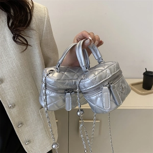 Silver quilted box bag with metallic finish, top handle and chain strap for women