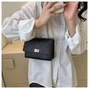 Quilted black crossbody bag with gold chain strap shown on model for size and fit