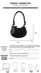 Detailed dimension guide for black PU crescent shoulder bag with removable mini pouch charm
