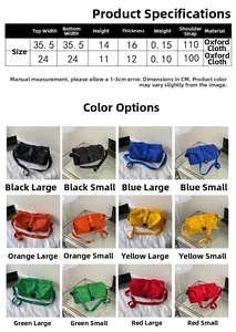 Size chart and color options for large and small waterproof Oxford gym sports bags