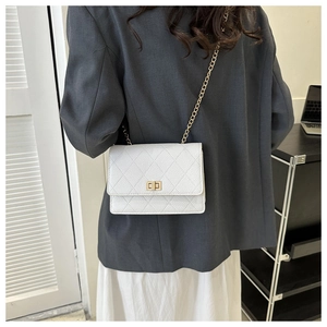 Close-up of classic white quilted chain bag with gold twist lock and crossbody strap