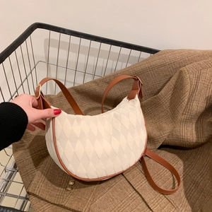 Women Quilted Hobo Bag Fabric Half Moon Underarm Shoulder Bag With PU Leather Trim Adjustable Strap Retro Crossbody