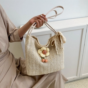Sac Cabas En Paille Tissé Pour Femmes Grande Capacité Sac À Main Vacances Plage Été Avec Noeud En Dentelle Et Fleur