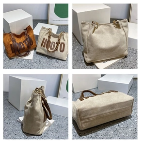 Vues détaillées du sac HOOTO avec texture en daim et détails de la chaîne en métal