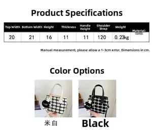 Size chart showing dimensions for the woven wool bucket bag with measurements in cm
