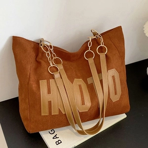 Grand Sac Fourre-Tout Femme Daim Synthétique Sac Bandoulière Vintage Appliqué Lettre Chaîne Métallique Mode