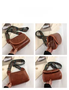 Detailed four-angle view of a brown vintage square bag with geometric patterned strap