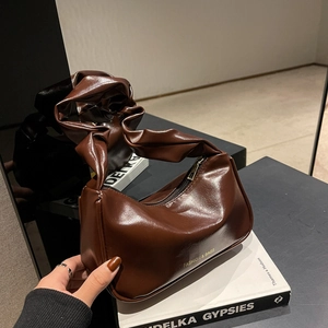 Glossy PU Leather Baguette Bag Women Pleated Scrunchie Handle Underarm Shoulder Bag Retro Niche Style Fashion Letter