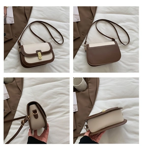 Multi-angle view of two-tone vintage saddle bag showing front, back, side and bottom detail