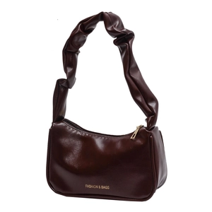 Deep brown pleated baguette bag in glossy retro leather with a curved silhouette