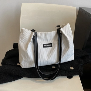 Women Corduroy Tote Bag Large Capacity Shoulder Handbag Striped Fashion Daily Commute Student With PU Straps