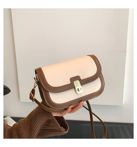 Close-up of vintage beige and brown patchwork handbag with elegant gold metal twist lock
