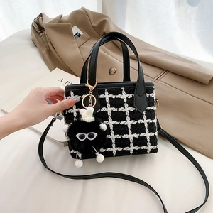 Women Tweed Plaid Bucket Bag Chic Handbag With Plush Monster Charm Adjustable Shoulder Strap Vintage Crossbody