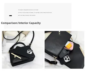 Internal capacity of the black textured square bag showing storage for makeup and phone