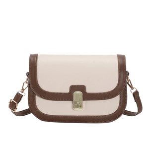 Retro contrast beige and brown crossbody bag with gold rectangular swivel lock closure